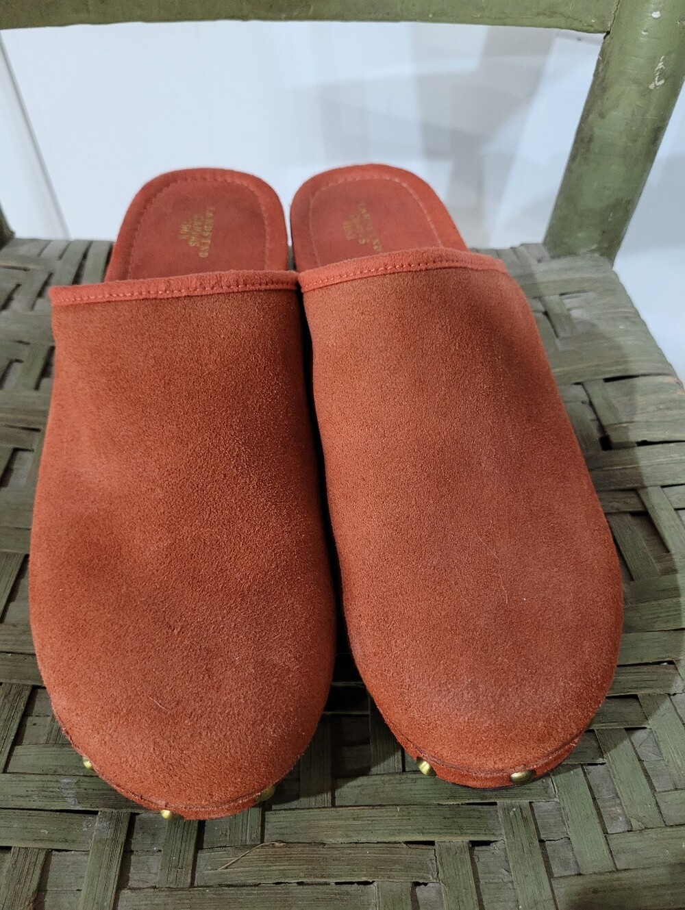 Lands' End Pumpkin Dark Orange Suede Slip-On Clogs With Decorative Brads Size 8 - Picture 4 of 8